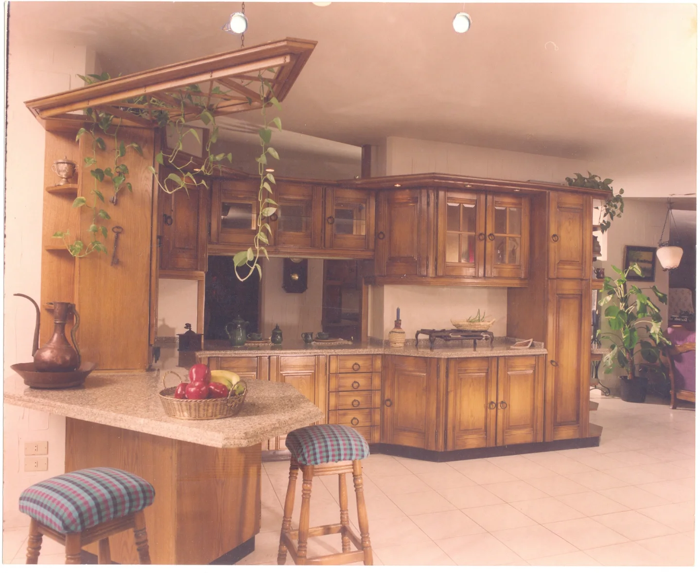 Paneled timber kitchen with glazed wall cabinets, a peninsula and suspended pot rack